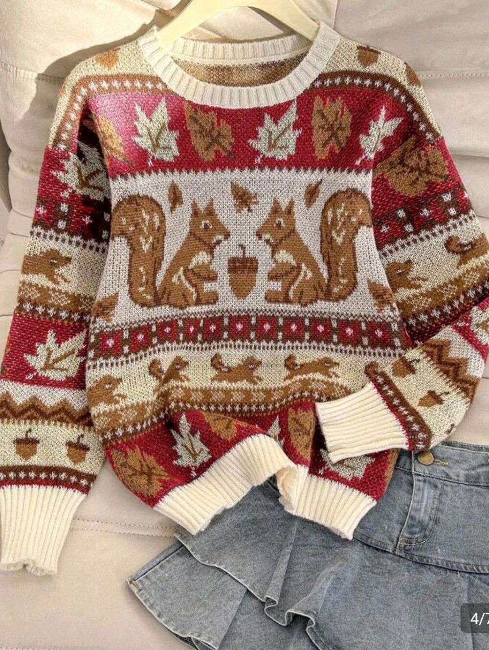 Cozy Squirrel Fair Isle Sweater - Red & Cream - Picture 2 of 2
